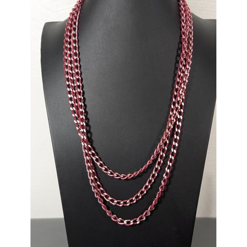 Vintage Pink Silver Tone Curb Cuban Multi Chain Layer Necklace 26"‎